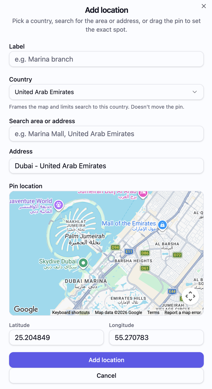 The Add location screen in YourLoop.